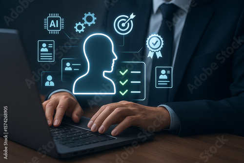 Person typing on a laptop with ai and hr icons floating above the keyboard in a digital interface