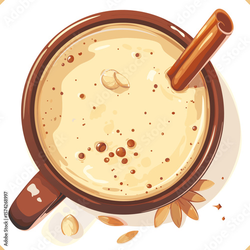 Eggnog with cinnamon stick, star anise, top view, vector on white background. Vector illustration of Christmas beverage on white background
