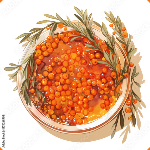 Top view of sea buckthorn oil with berries and leaves in a bowl, vector watercolor food illustration.