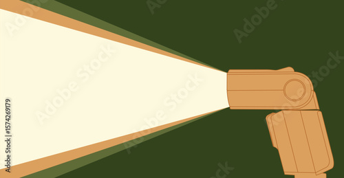 Minimalist illustration showcasing a camera flash unit emitting a powerful. Wide beam of light is extending across a dark green background. Use for conveying concepts of photography.
