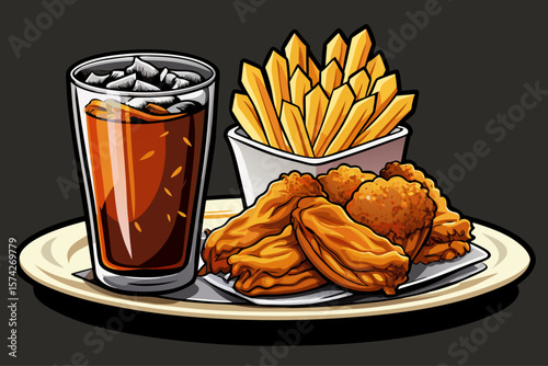 vector of A plate of fried chicken and golden fries to serve a delicious meal with a large glass of black soda filled with ice ... black background
