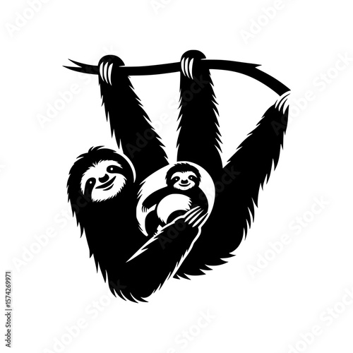 Adorable sloth family hanging together on a branch in silhouette