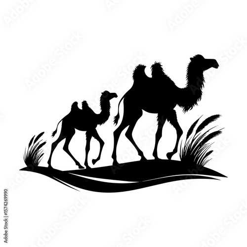 Two black silhouettes of camels walking through desert grassland