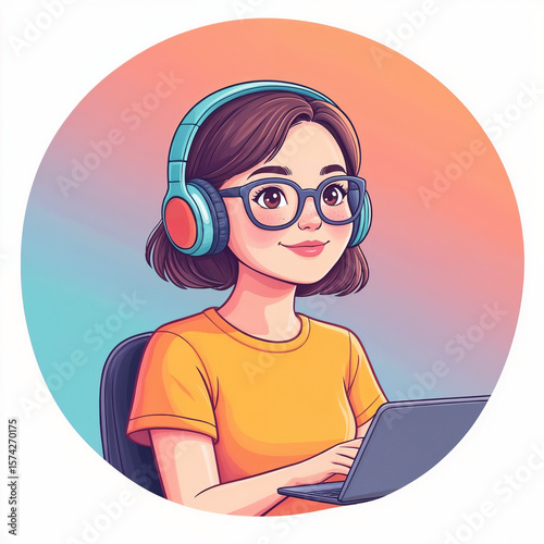 Teenager with Glasses and Headphones Using Laptop – for Online Education Banner or Social Media Post Template 