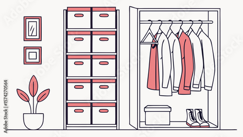 Minimalist Wardrobe and Storage Illustration with Red Accents
