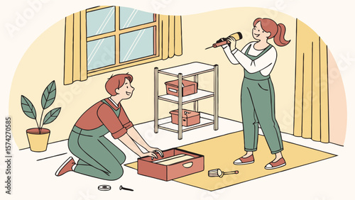 Home DIY Project with Young Couple Assembling Furniture