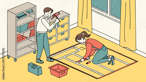 Couple Collaborating on DIY Home Improvement Project Illustration
