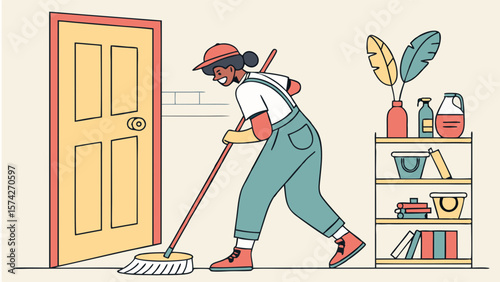 Cartoon Illustration of a Woman Cleaning a Room with a Mop