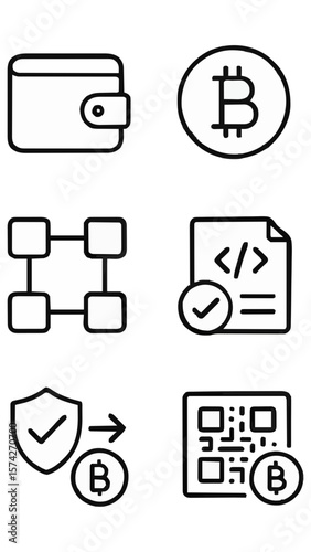 Explore a modern vector set of cryptocurrency icons, featuring wallets, Bitcoin symbols, blockchain networks, code verification, secure transactions, and QR codes. Ideal for fintech websites, crypto a
