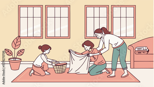 Family Bonding Through Household Chores in Cozy Home Setting