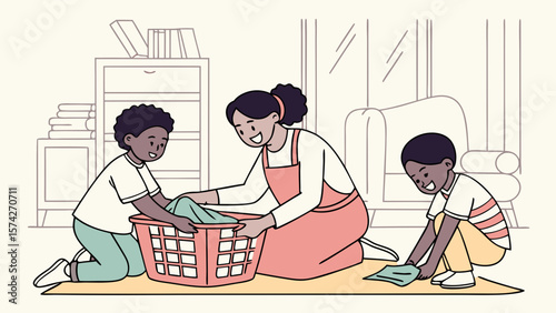 Family Bonding Through Household Chores Illustration