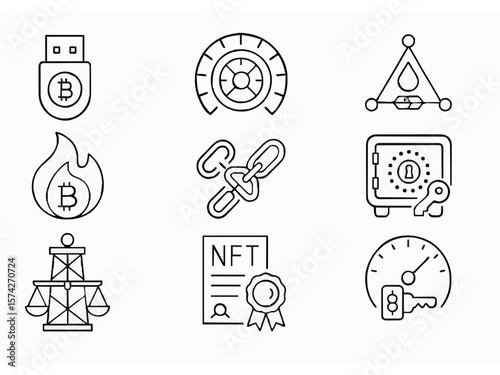 Discover a sleek vector icon set for cryptocurrency and NFTs, featuring Bitcoin, blockchain, USB drives, vaults, oil rigs, and speedometers. Perfect for fintech websites, NFT marketplaces, and digital