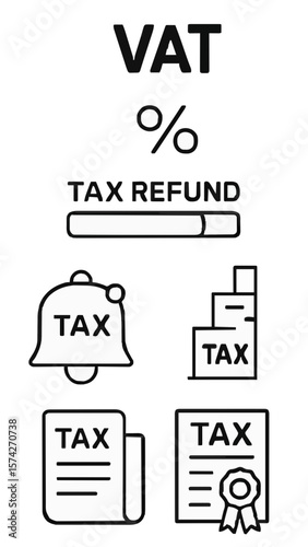 Discover a sleek vector illustration featuring VAT tax icons, including tax refund progress, tax notifications, and tax documents with a certificate. Perfect for financial websites, tax services,