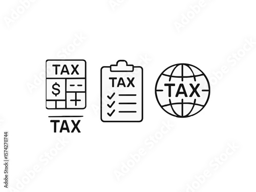 Explore a professional vector icon set for global taxation, featuring revenue forms, customs duties, and tax compliance symbols. Perfect for finance websites, international tax software, and economic 