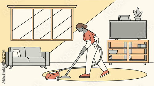 Illustrated Homemaker Vacuuming in Modern Living Room