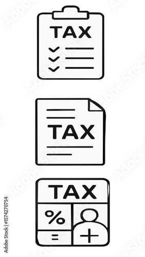 Discover a professional vector icon set for tax and finance, featuring revenue forms, payment schedules, and audit symbols. Ideal for accounting websites, tax software, and financial reports. High-qua