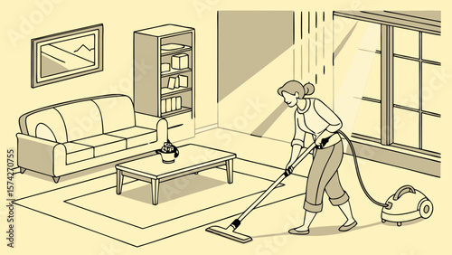 Vintage Illustration of Woman Vacuuming a Cozy Living Room
