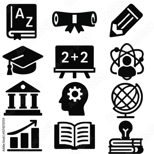 Explore a vibrant vector icon set for education, featuring graduation caps, books, and science symbols like atoms and gears. Perfect for school websites, e-learning platforms, and academic projects. 