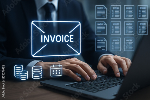 Fototapeta Naklejka Na Ścianę i Meble -  Businessman working on laptop with invoice graphic overlay and document icons floating above it