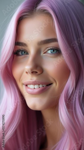 A woman with flowing pink hair and captivating blue eyes in a bright setting