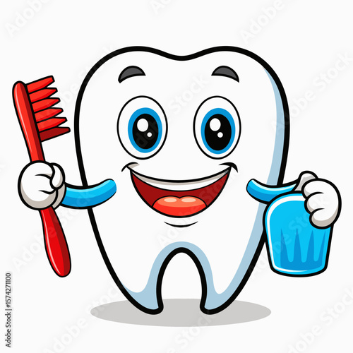 Cute Cartoon Tooth Character with Toothbrush and Mouthwash Illustration