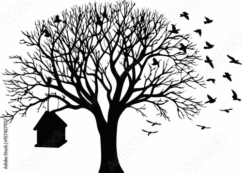 "Silhouette of a Bare Tree Holding a Lonely Birdhouse as a Flock of Birds Soars Into the Sky, Symbolizing Freedom, Change, and the Quiet Beauty of Letting Go in the Cycles of Nature"
