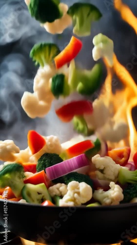 Colorful vegetables thrown into a hot skillet creating a vibrant cooking spectacle