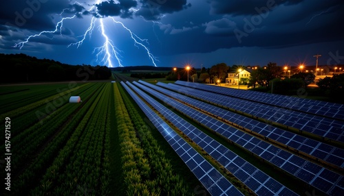 a striking contrast between the serene landscape of a farm under the glow of a full moon and the sudden intrusion of modern technology: solar panels and wind turbines