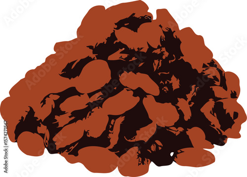 A dark brown and golden raisin heap isolated on a black background presented in a distinctive silhouette style