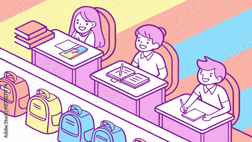 Happy cartoon students sitting at desks in a classroom isolated on white background