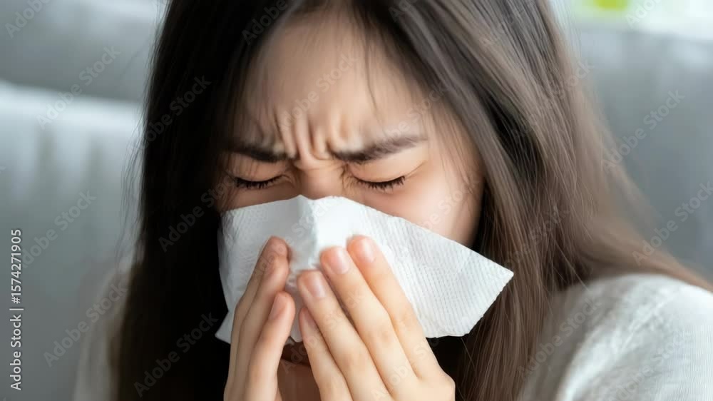 A woman is blowing her nose with a tissue