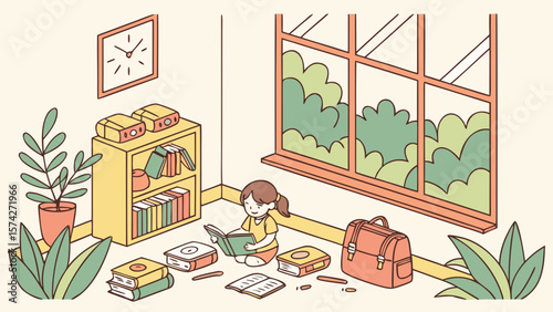 Young girl happily reading a book surrounded by books and plants isolated on white background