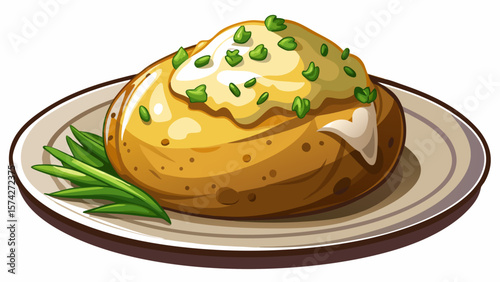 A perfectly baked potato sits steaming on a plate, topped with a dollop of sour cream and finely chopped green onions, all presented on a clean white background.