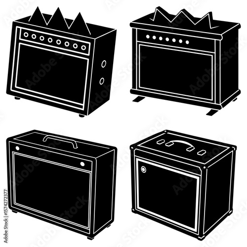 Four black and white amplifier illustrations with different styles and features in a graphic design layout
