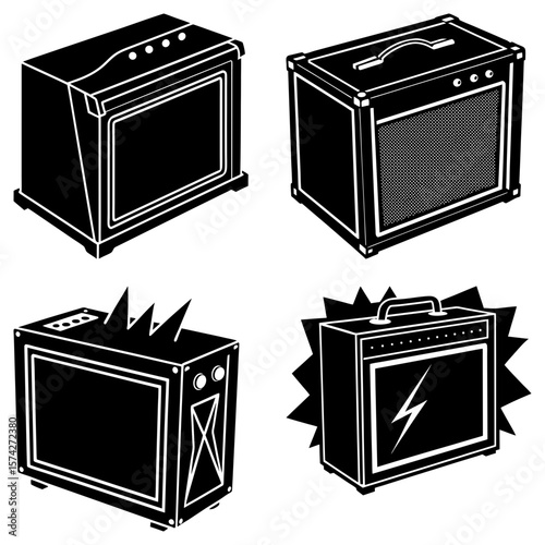 Four black and white illustrations of amplifiers in varying styles and orientations shown together here