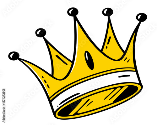 Stylized yellow crown with white band and black outline against a solid black background representing royalty and success