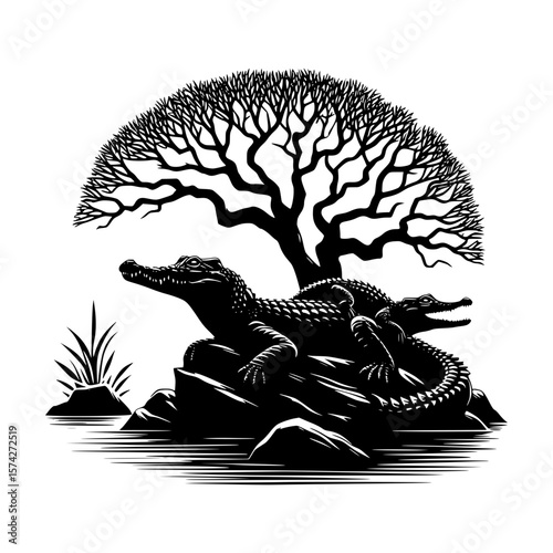 Two alligators resting on rocks beneath a stylized tree