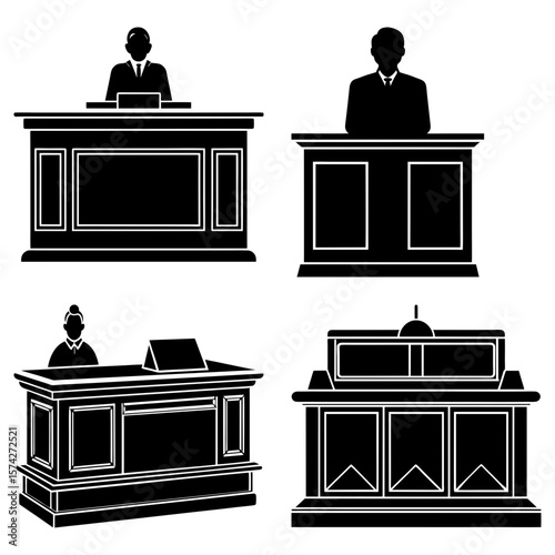 Four different black and white illustrations of courtrooms with judges and courtroom furniture present