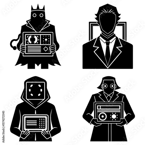 Four stylized figures holding devices with screens in a black and white vector illustration