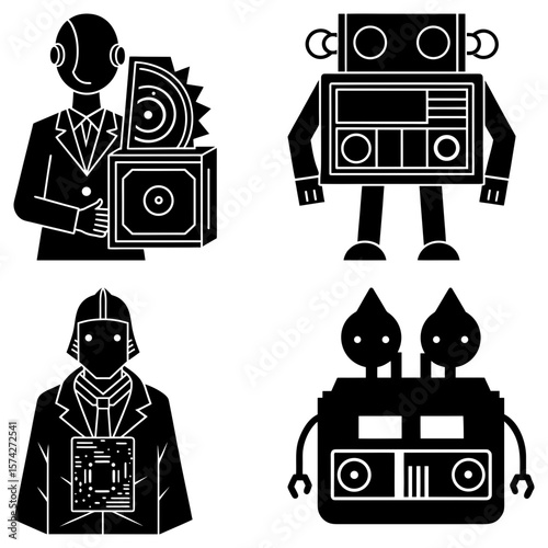 Illustration featuring four stylized robot characters in black and white with varying designs and poses
