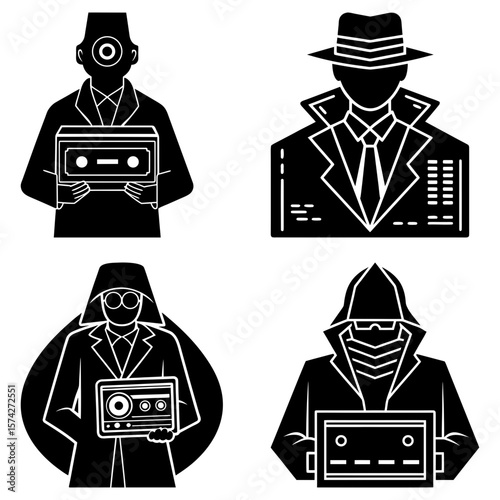 Four stylized figures in coats and hats holding various objects in a black and white illustration