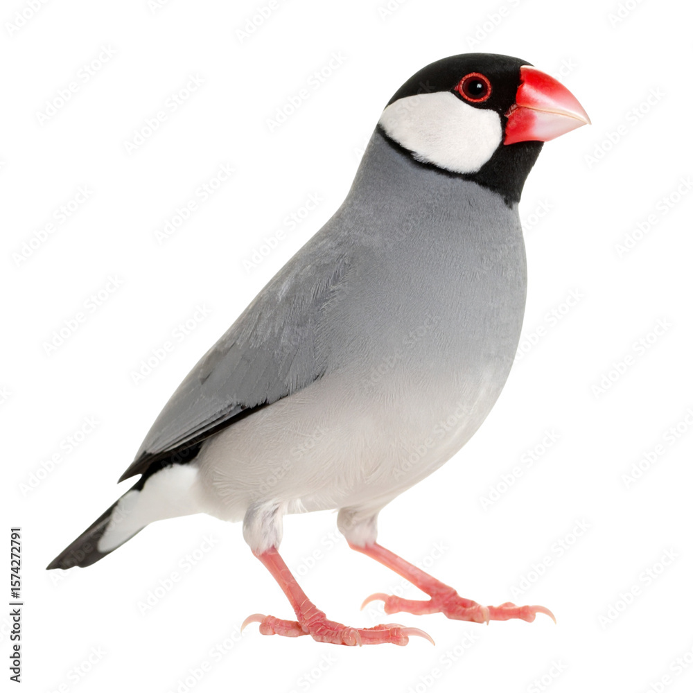 Java Finch Standing Upright in Side Profile with Smooth Grey Plumage, Isolated on White Java Finch Standing Upright in Side Profile with Smooth Grey Plumage, Isolated on White