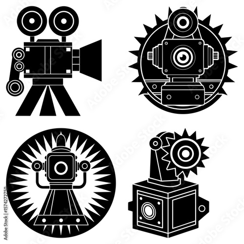 Four black and white steampunk inspired designs featuring robots and a vintage camera on a white background