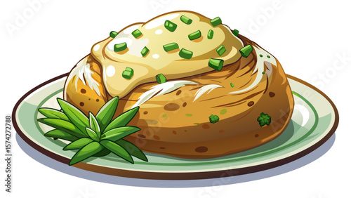 A perfectly baked potato sits steaming on a plate, topped with a dollop of sour cream and finely chopped green onions, all presented on a clean white background.