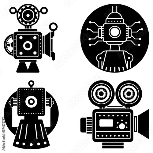Illustration of four stylized robots with different designs in black and white color scheme art style