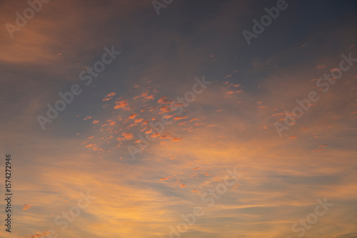 High clouds illuminated with orange light at sunset. 