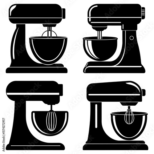 Four black and white illustrations of stand mixers with bowls and different attachments displayed well