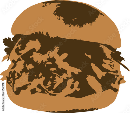 Delicious pulled pork burger with coleslaw and bbq sauce on a sesame bun presented as a silhouette