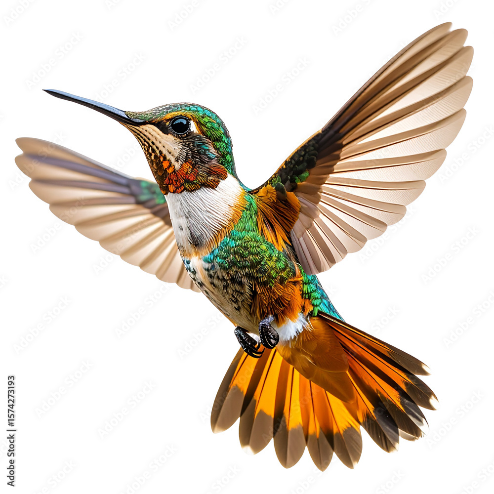 Obraz premium Side View of Colorful Hummingbird Soaring Gracefully in Soft Lighting, Transparent PNG