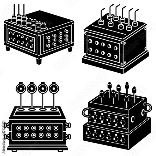 Illustration of four vintage electrical control boxes with various switches and connectors in black and white